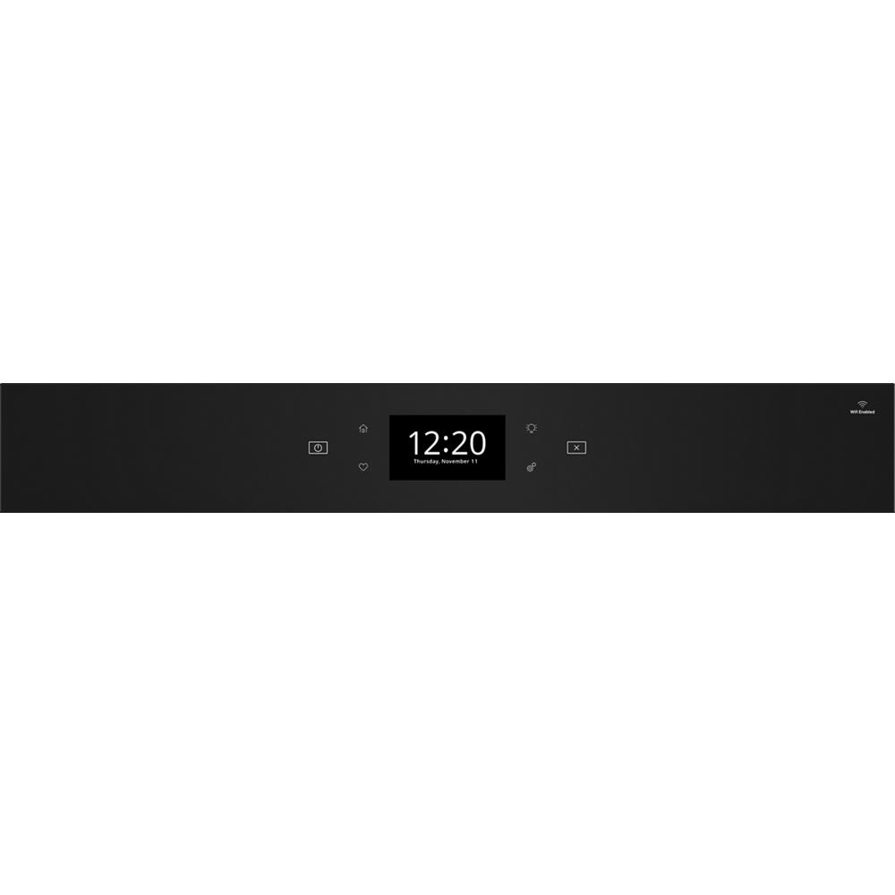 Black smart wall oven control panel with digital clock and touch buttons from Single Wall Ovens collection