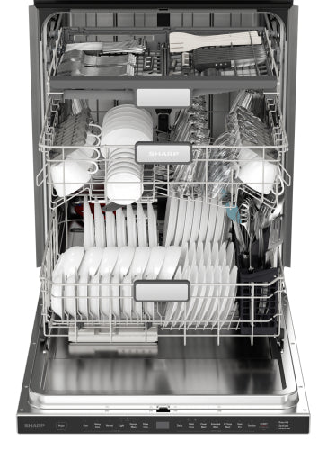 Open stainless steel dishwasher loaded with plates, bowls, glasses, and utensils in kitchen and appliance collections.