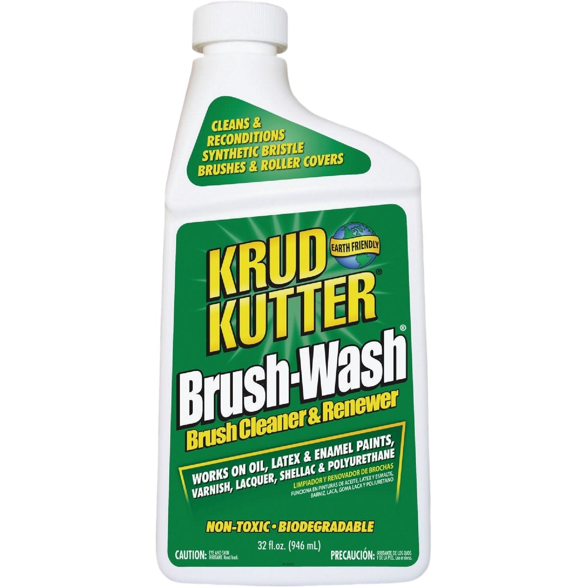 32 oz. biodegradable brush cleaner labeled for removing paint from synthetic bristles, ideal for home improvement tools.