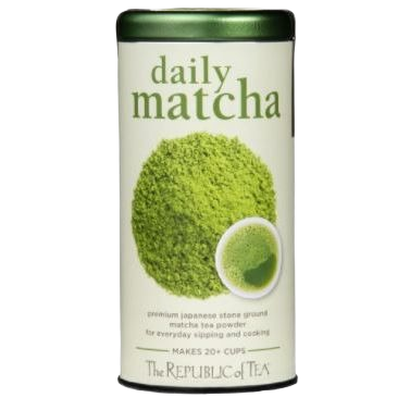 Tall cylindrical tin container with green lid holding premium Japanese stone ground matcha tea powder
