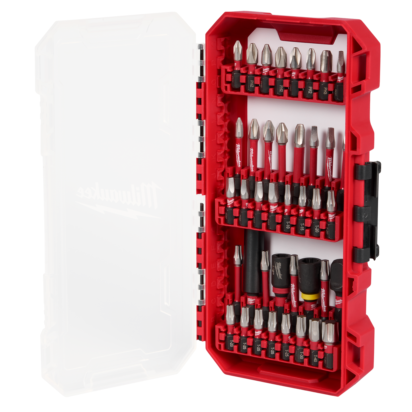 Open red Milwaukee PACKOUT™ case with clear lid showcasing a 60-piece SHOCKWAVE™ Impact Duty drill, drive, and fasten bit set for tool accessories and home improvement at Hartville Hardware.