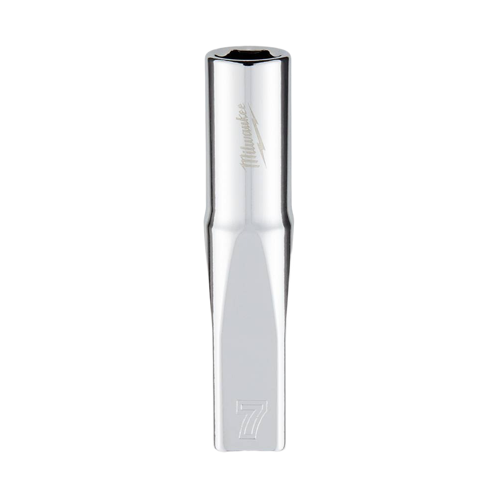 Chrome-finished 7mm deep socket with four flat sides to prevent rolling, part of Milwaukee hand and woodworking tools under $50 collections