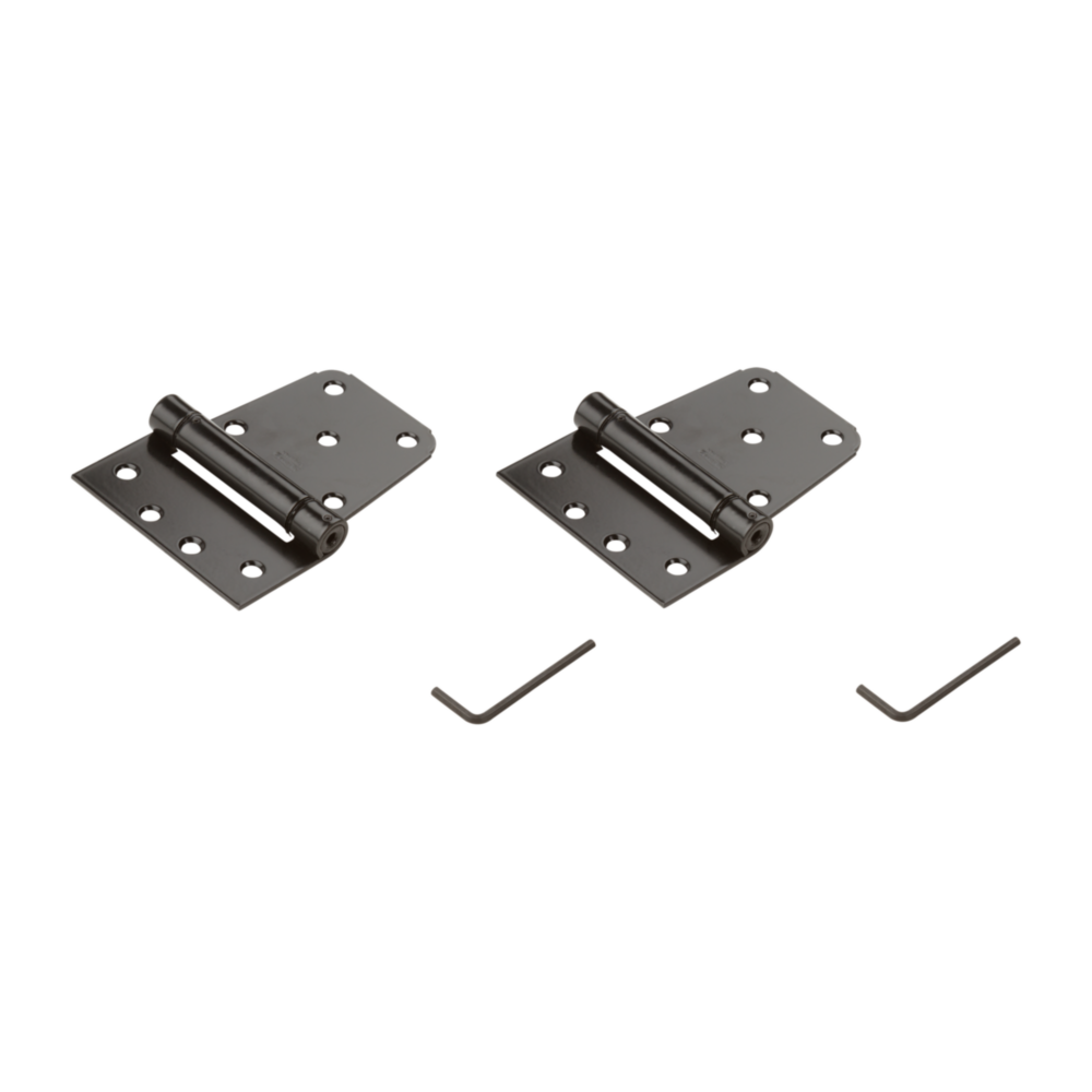 Pair of black heavy-duty gate hinges with installation tools for gate hardware in home improvement projects under $50