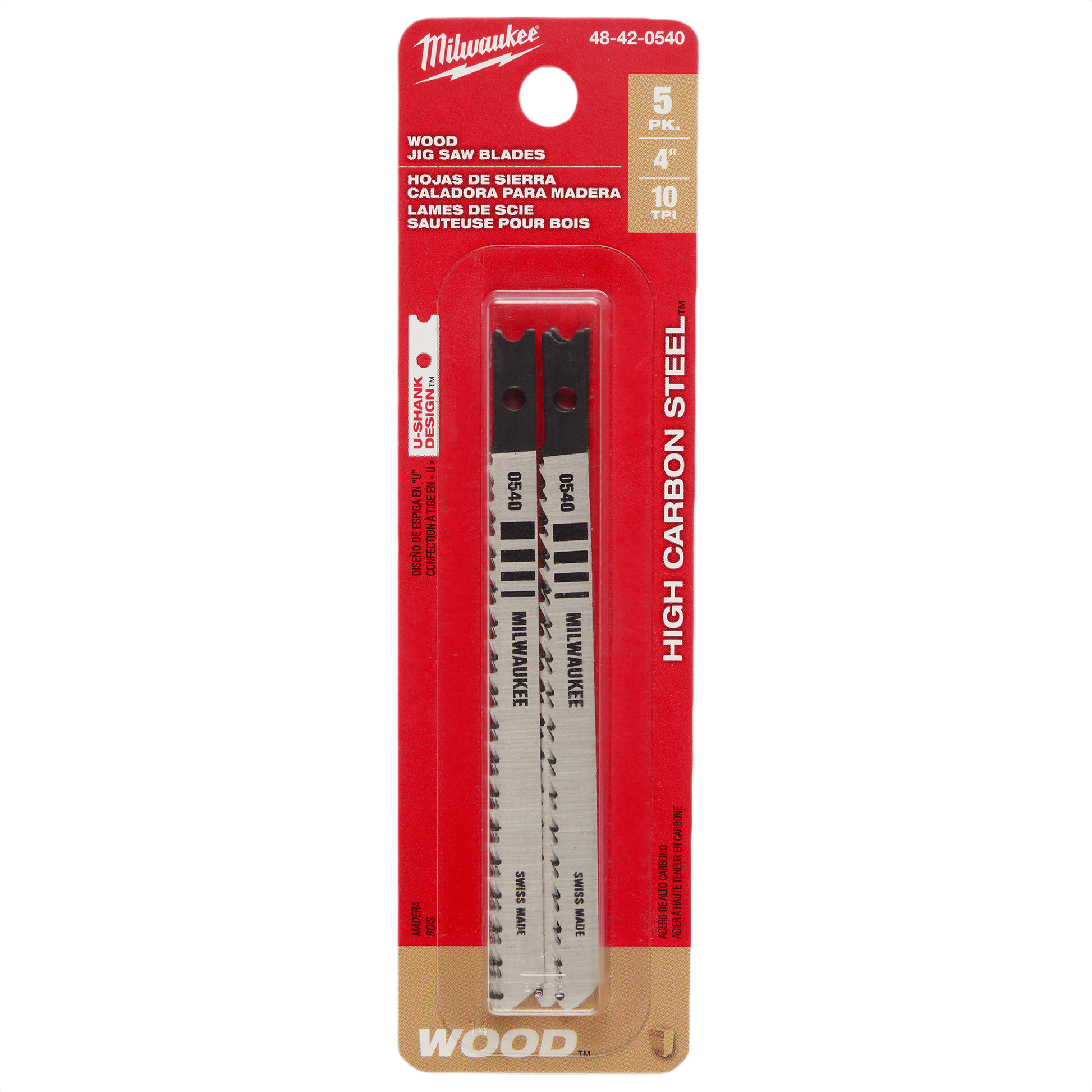 Pack of five 3-5/8 inch wood-cutting jigsaw blades with U-shank design for home improvement tools and projects