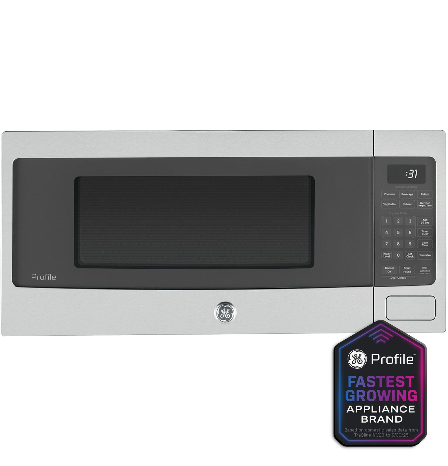 Countertop microwave oven in gray and black with digital control panel, part of kitchen appliances collection