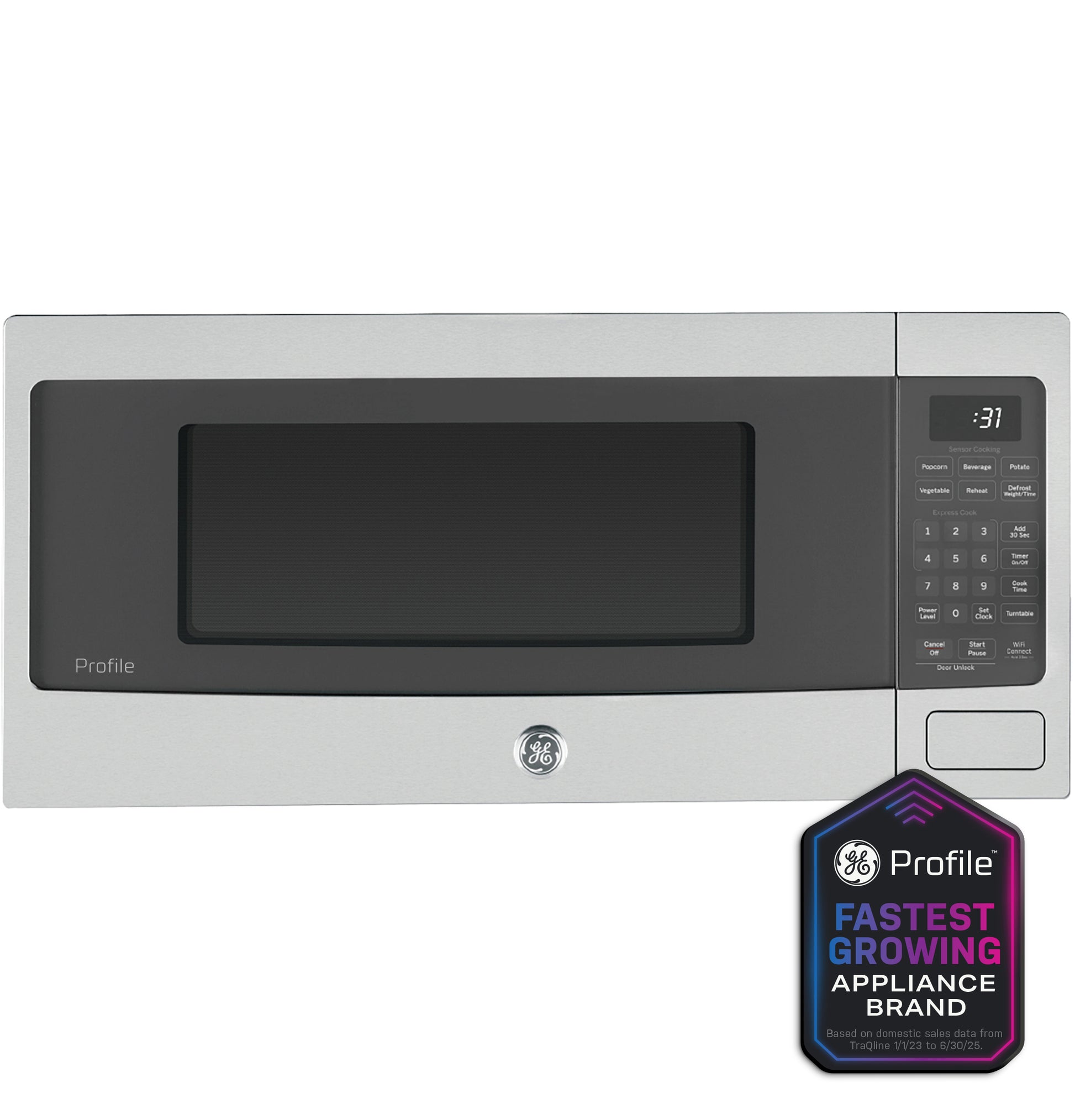 Countertop microwave oven in gray and black with digital control panel, part of kitchen appliances collection