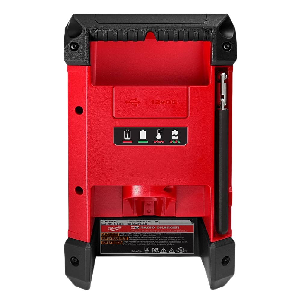 Red and black Milwaukee M12™ radio and charger with USB port and LED indicator lights for tools and home improvement use