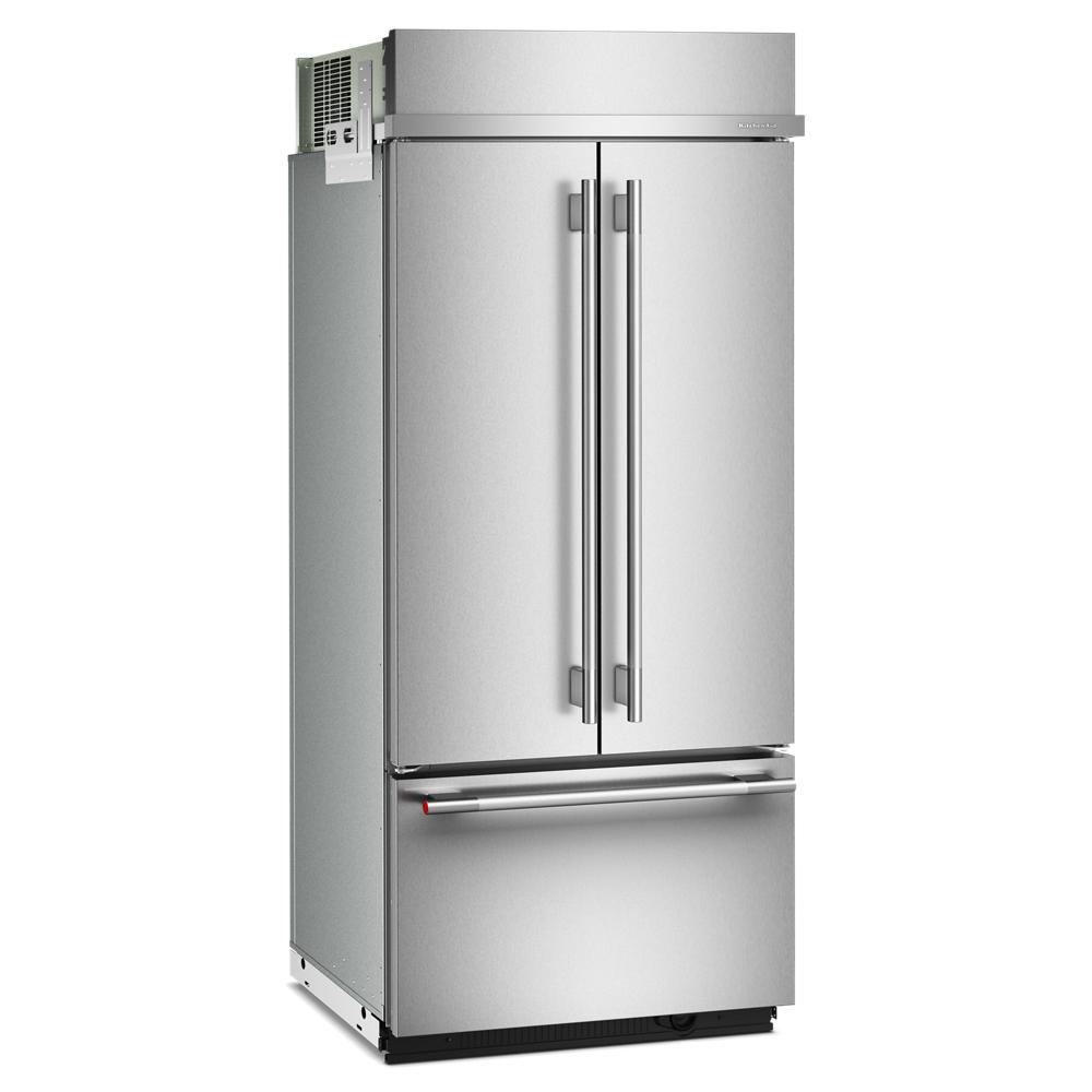 Built-in stainless steel French door bottom mount refrigerator with dual handles in KitchenAid refrigerators collection