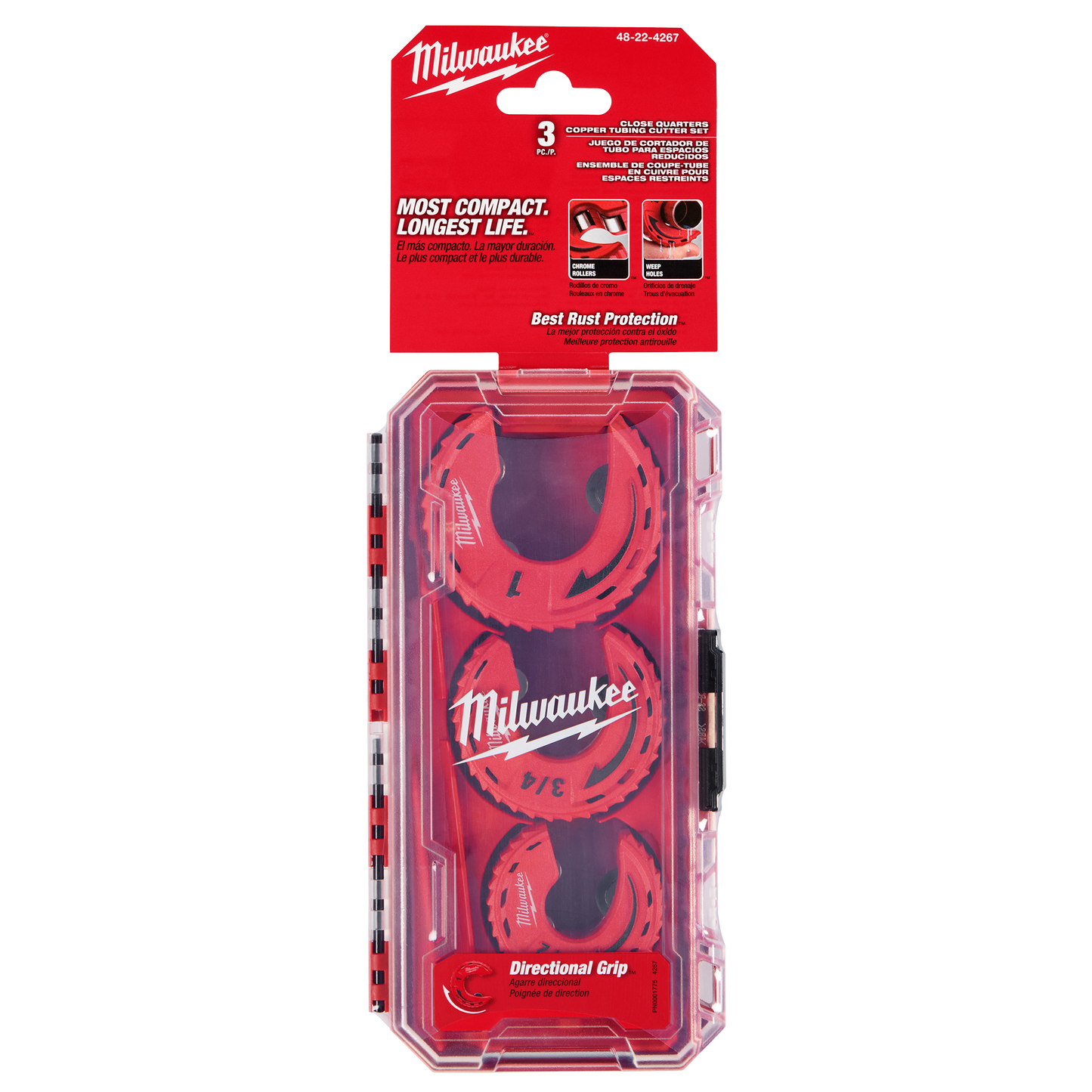 Set of three red close quarters tubing cutters in transparent plastic case for tools and home improvement use