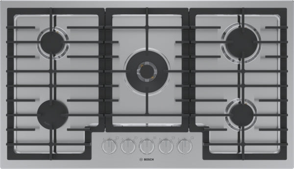 Stainless steel 36-inch gas cooktop with five burners and black cast iron grates for modern kitchen use.