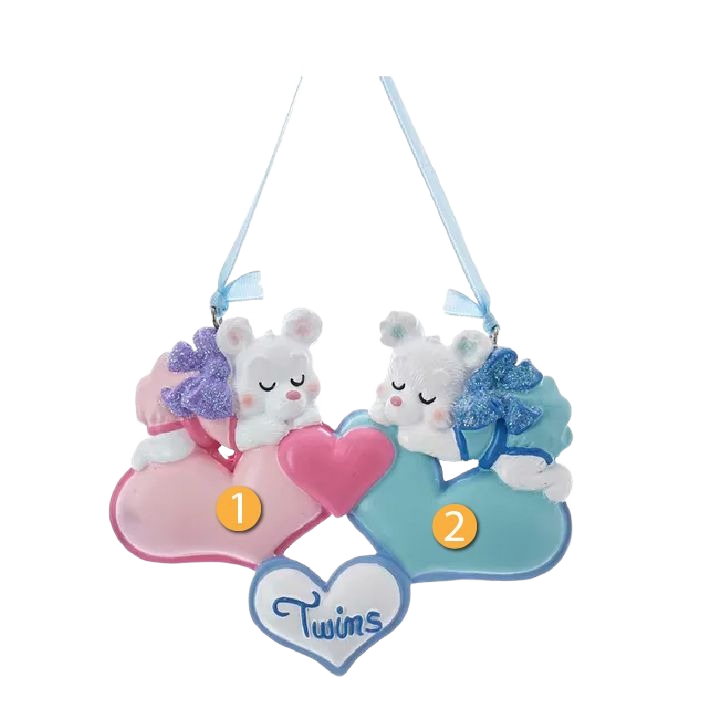 Personalized twin bears Christmas ornament with hearts, perfect for holiday tree decoration under $50 and $100 collections