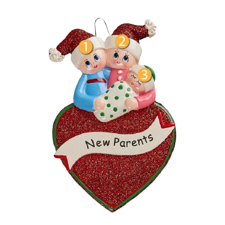Ornament of festive couple holding baby above glittery heart banner reading New Parents for Christmas decor under $50 collection