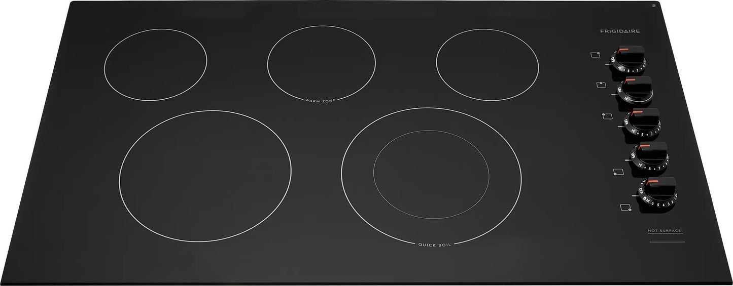 36" electric cooktop with black smooth glass surface and five heating elements from Cooktops and Appliances collections