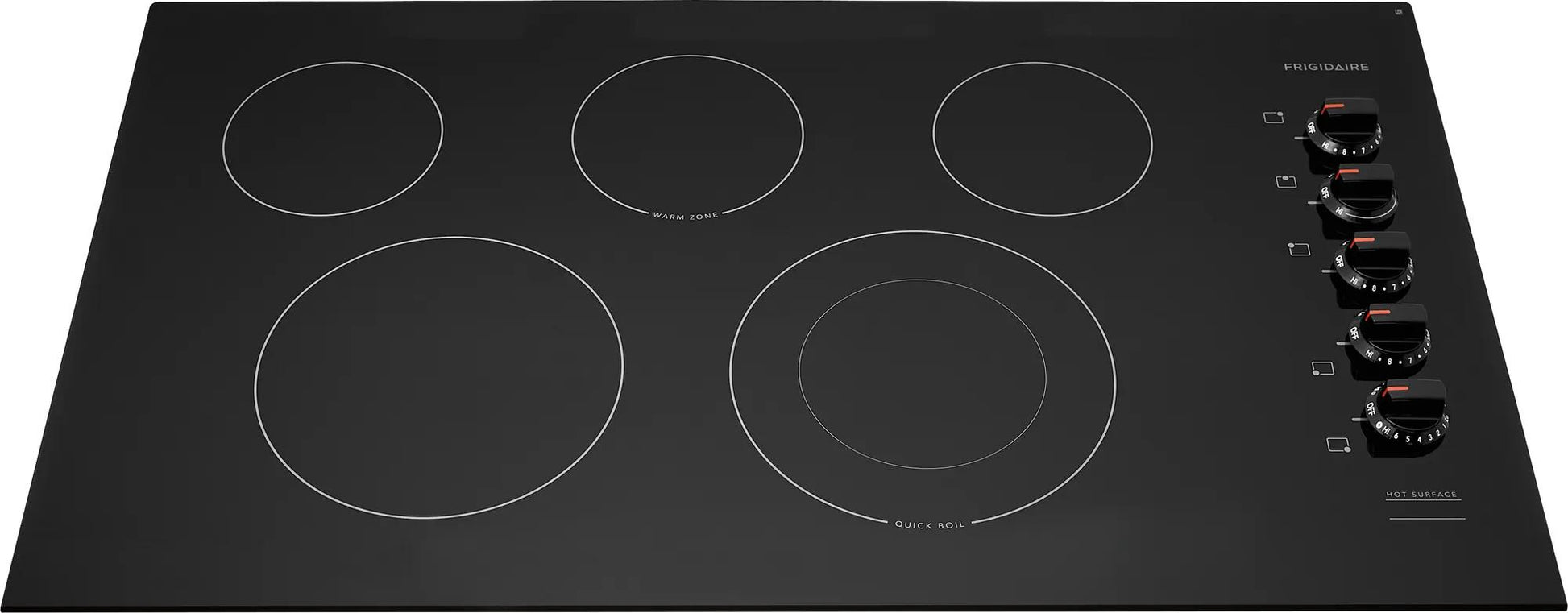 36" electric cooktop with black smooth glass surface and five heating elements from Cooktops and Appliances collections