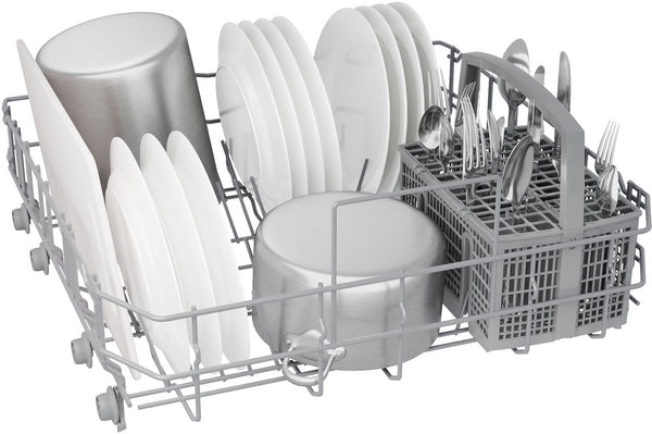 Dishwasher lower rack loaded with plates, pots, and cutlery in a Bosch kitchen appliance setting.