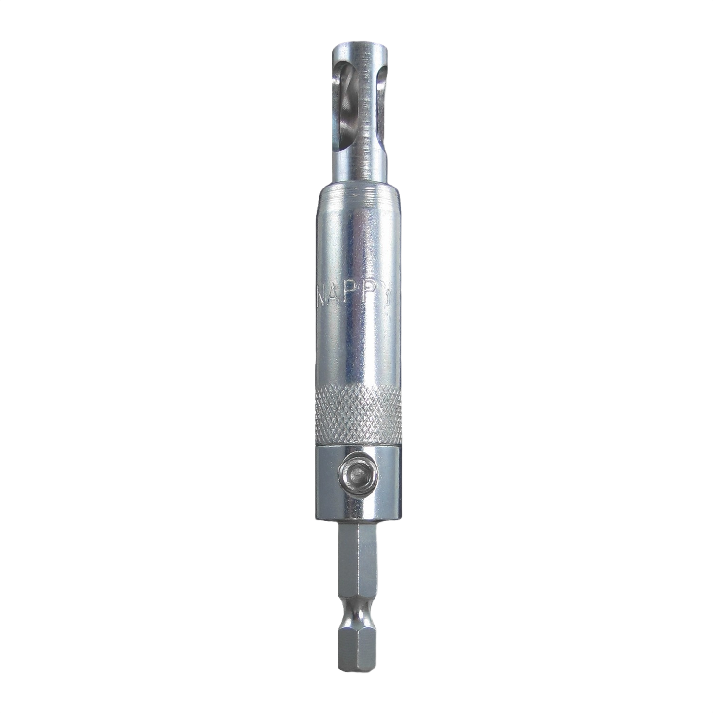 Silver metal drill guide with 1/4 inch hex shank for precise 5mm shelf pin drilling in tool accessories collection