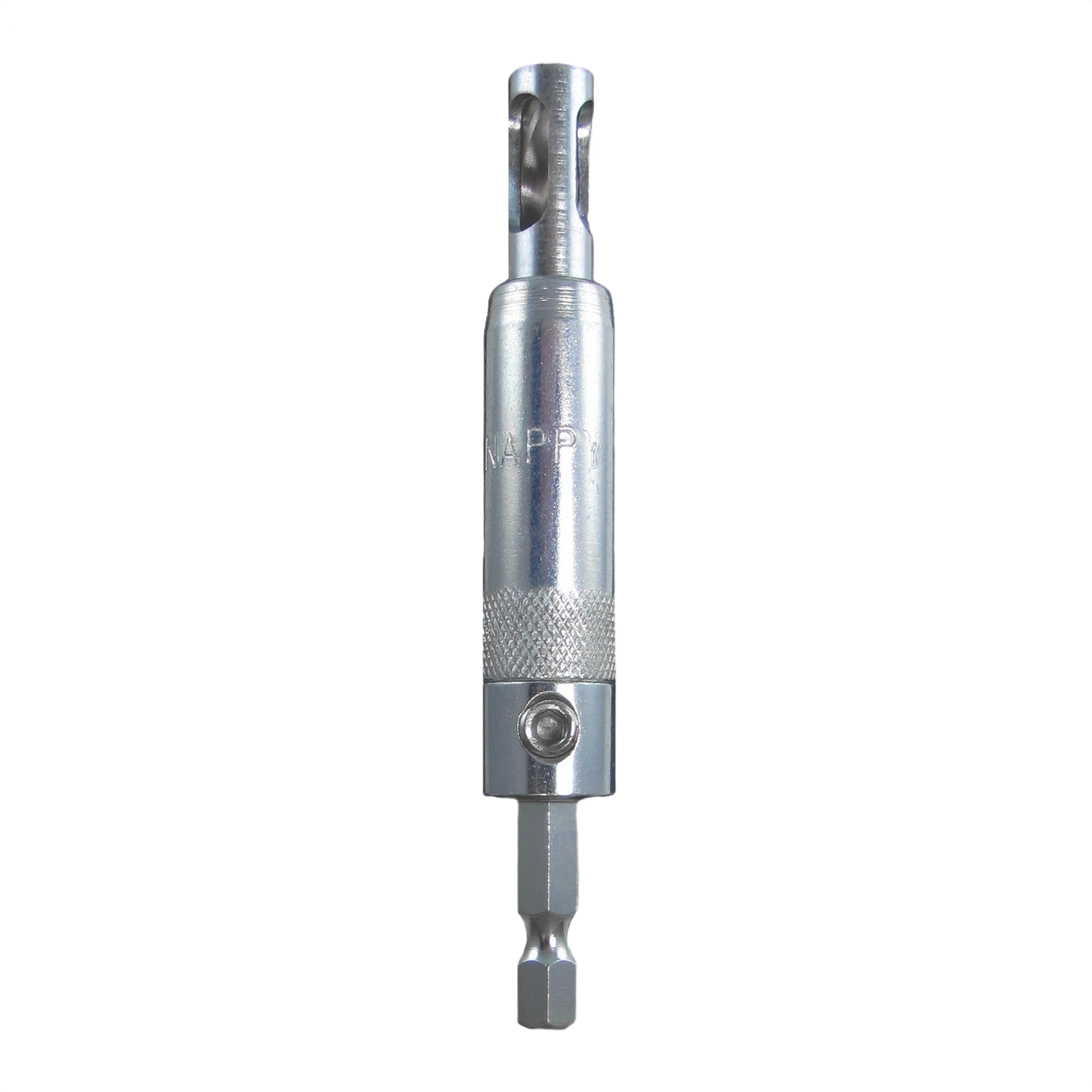 Silver metal drill guide with 1/4 inch hex shank for precise 5mm shelf pin drilling in tool accessories collection