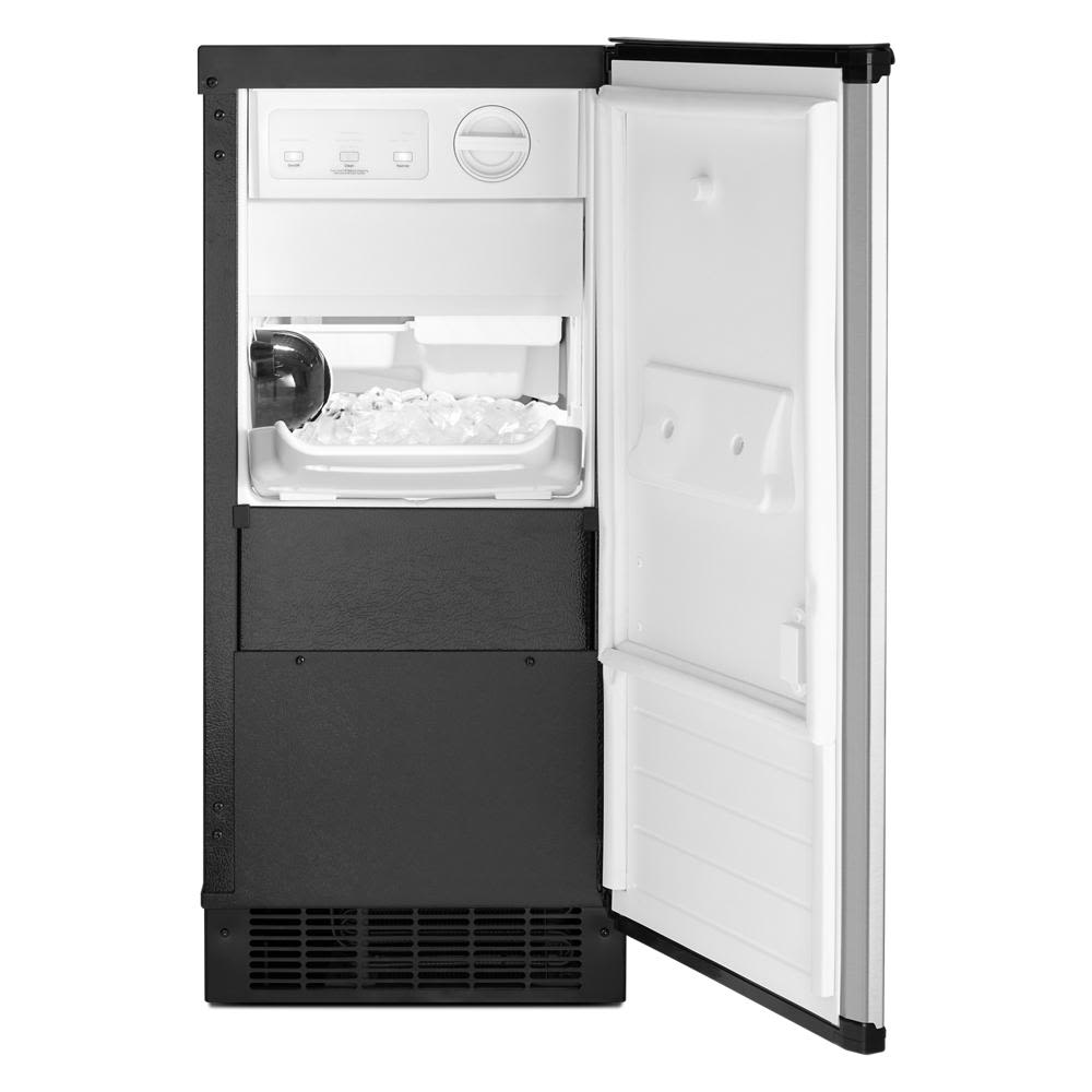 15-inch black undercounter icemaker with Clear Ice Technology and built-in storage from kitchen appliances collection