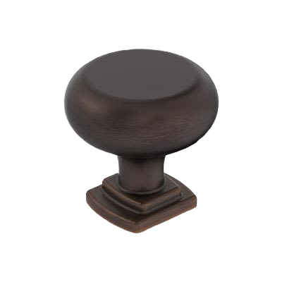 Oil-rubbed bronze cabinet knob with rounded top and stepped square base for hardware and furniture upgrades