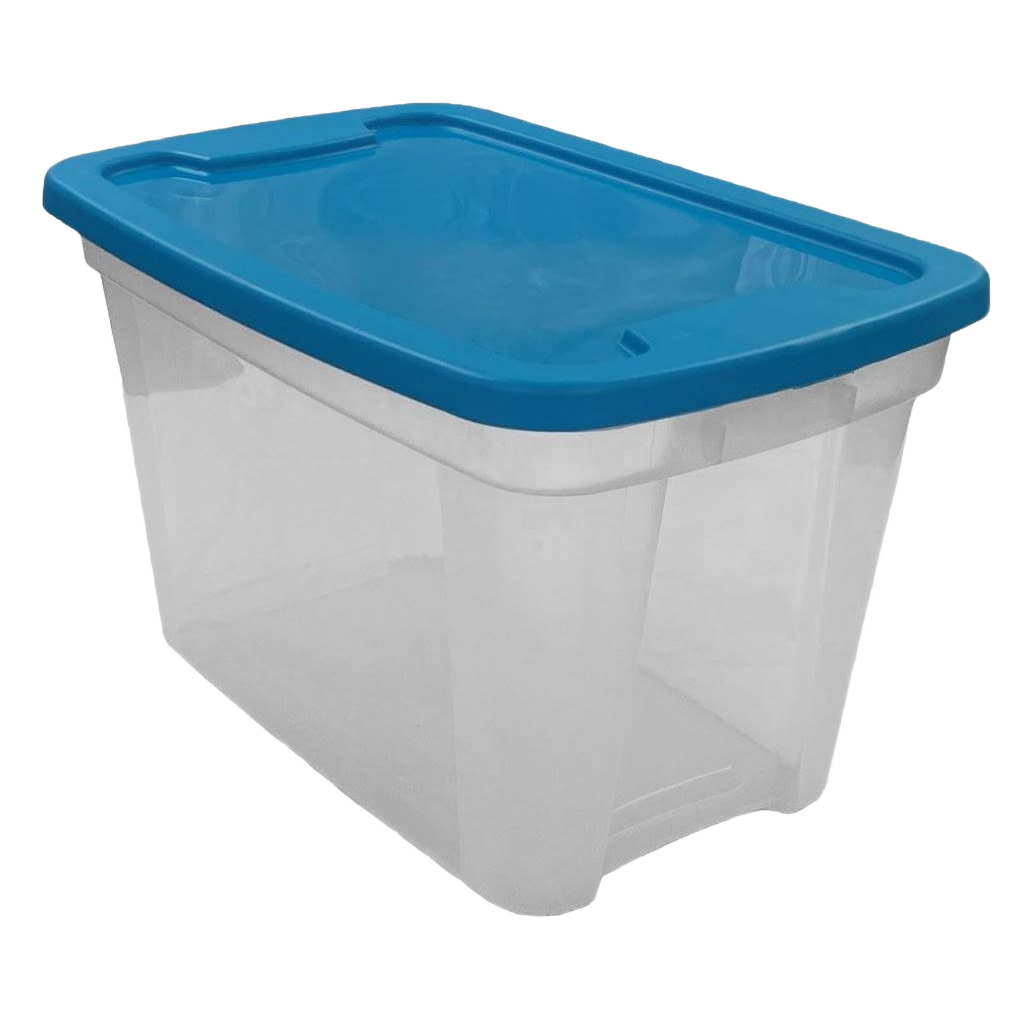 Clear plastic storage container with aqua snap-on lid, designed for home organization and storage use