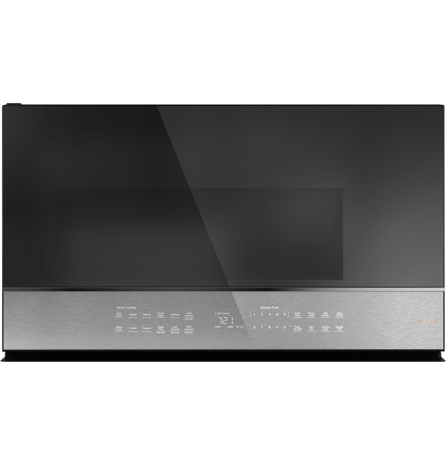 Front view of a platinum glass over-the-range smart microwave with digital touch controls in kitchen appliances collection