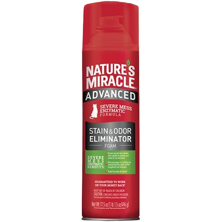 Red can of advanced enzymatic foam for severe cat stain and odor removal in home cleaning projects