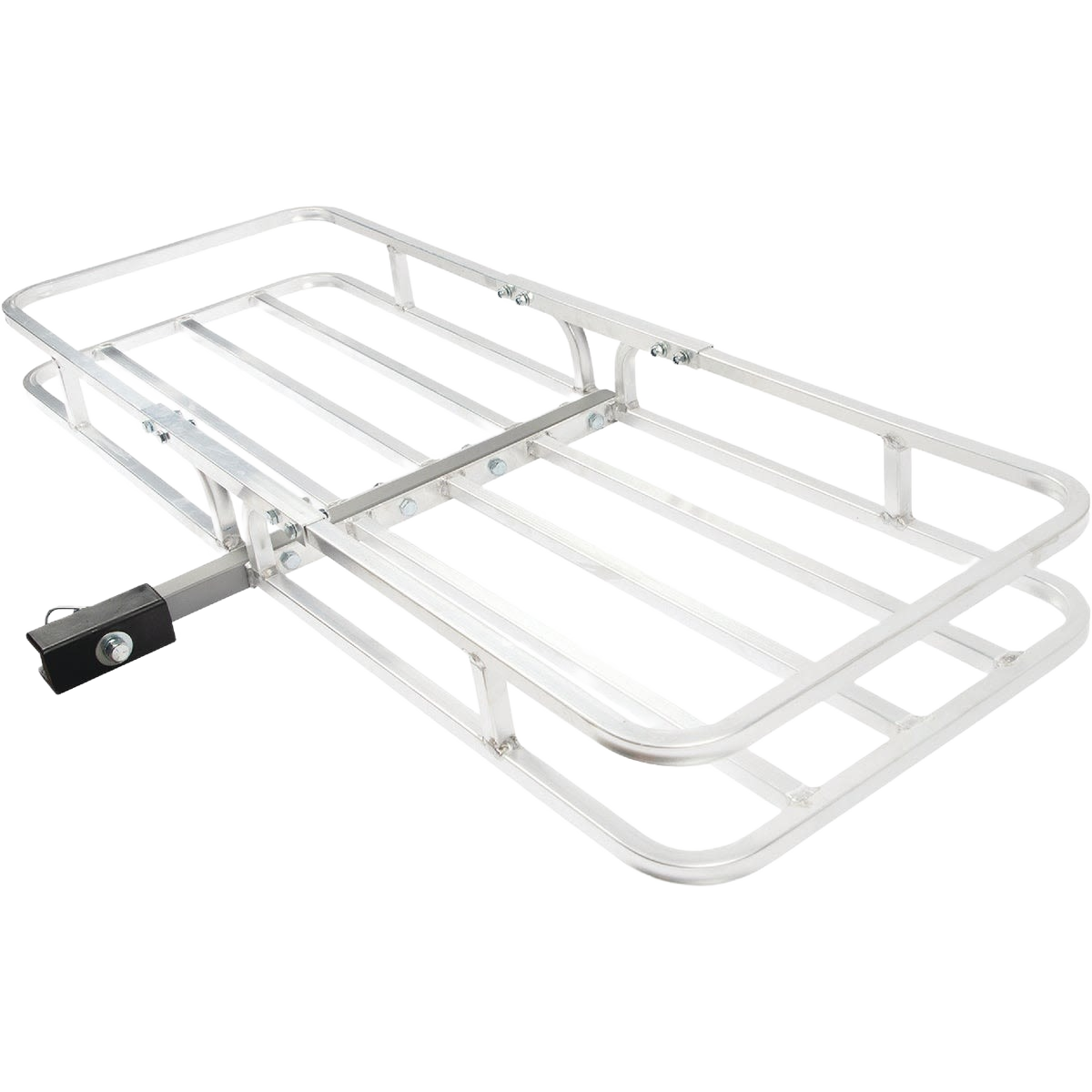 Heavy-duty metal cargo carrier with welded frame and hitch attachment for secure transport of gear and equipment