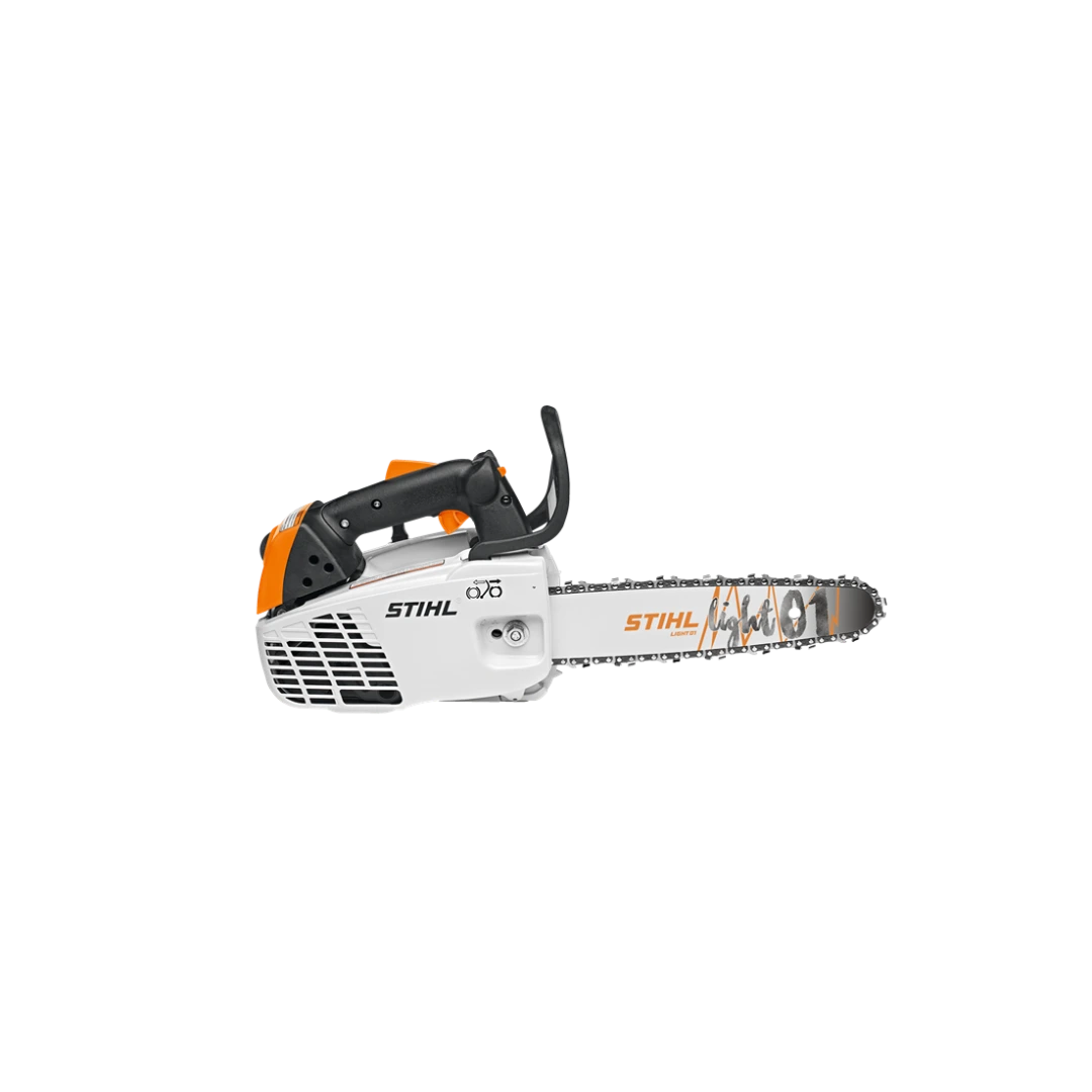 Compact gas-powered chainsaw with white and orange casing designed for tools and home improvement tasks