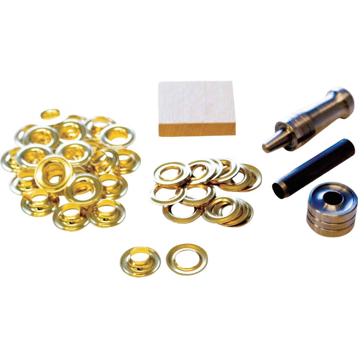 Brass grommet kit including rings, washers, and installation tools for home improvement projects