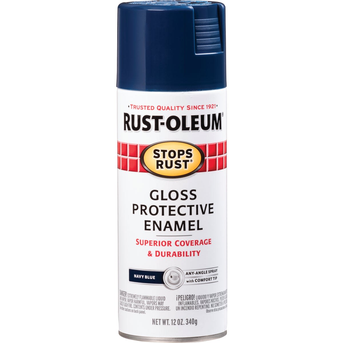 Navy blue gloss enamel spray paint can for protective coating in tools and home improvement projects