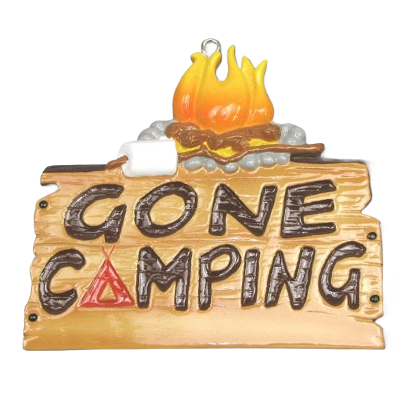 Rustic wooden-style camping ornament with campfire, marshmallow, and personalized "Gone Camping" sign for Christmas decor