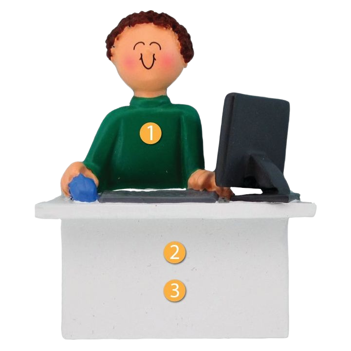 Brunette male figurine using computer at desk Christmas ornament in tree decorations under $50 collection