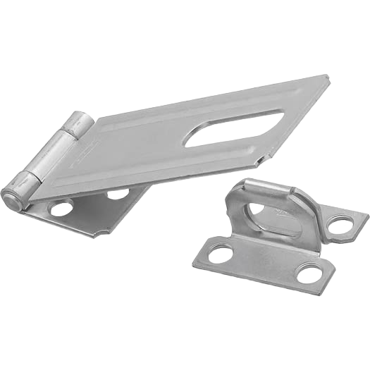 Zinc-plated non-swivel safety hasp with brass pin for securing doors and cabinets in home improvement projects