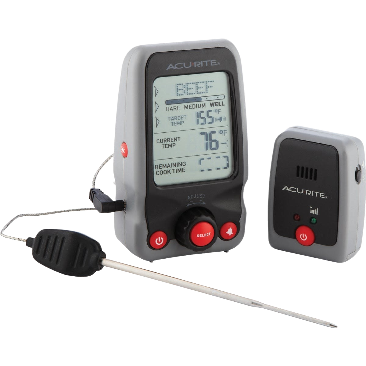 Digital probe cooking thermometer with wireless pager for precise grilling and outdoor cooking temperature monitoring.