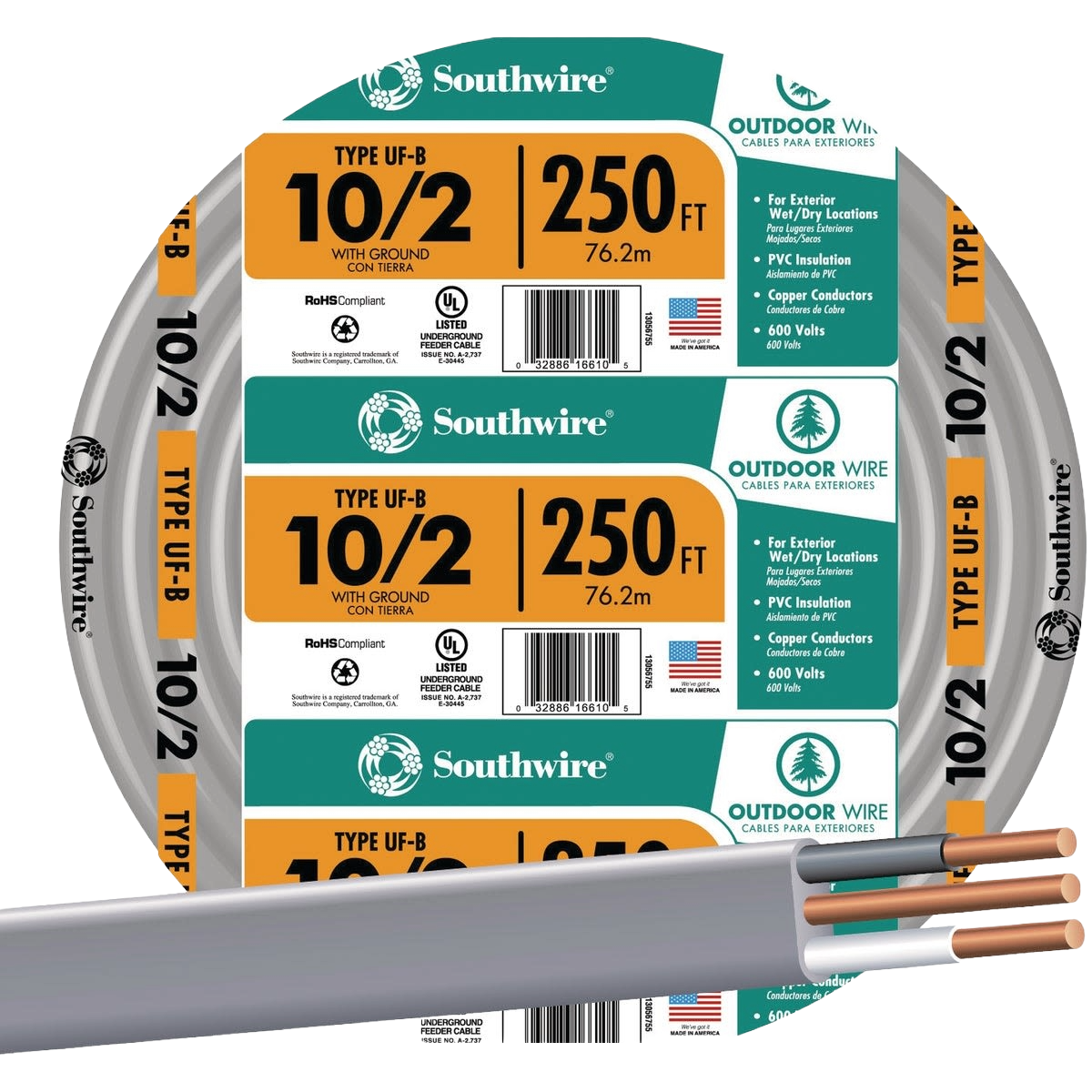 Roll of Southwire 10-2 outdoor electrical wire with exposed copper conductors for underground feeder applications