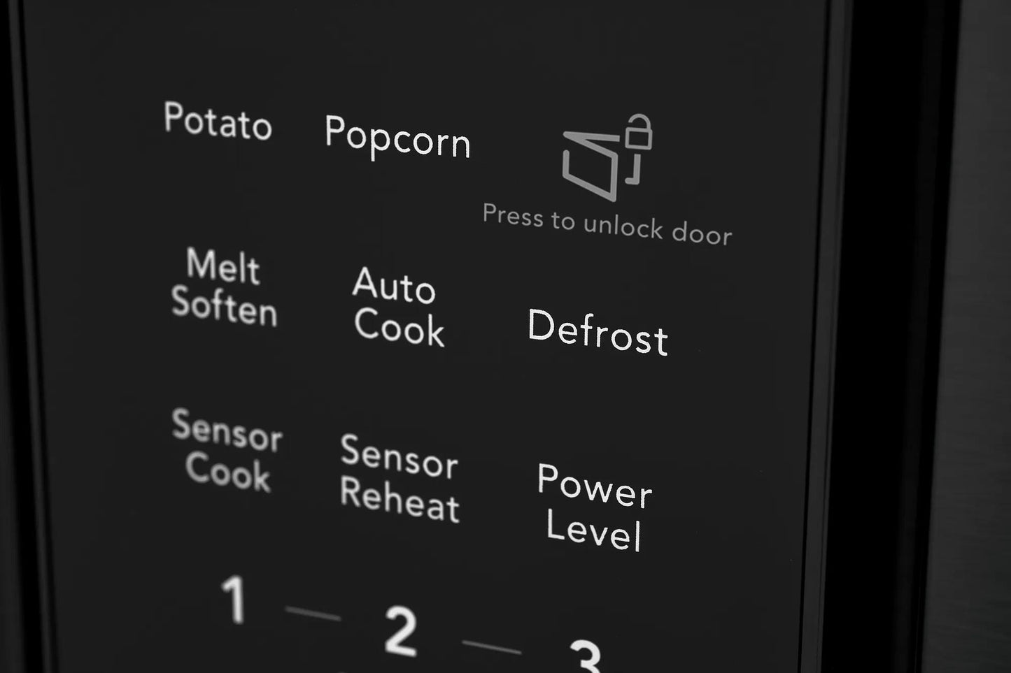 Digital control panel of black built-in microwave showing sensor cook, reheat, and preset cooking options in appliances collection