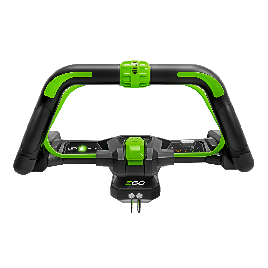 Green and black ergonomic handlebar with control panel for self-propelled outdoor power equipment tools