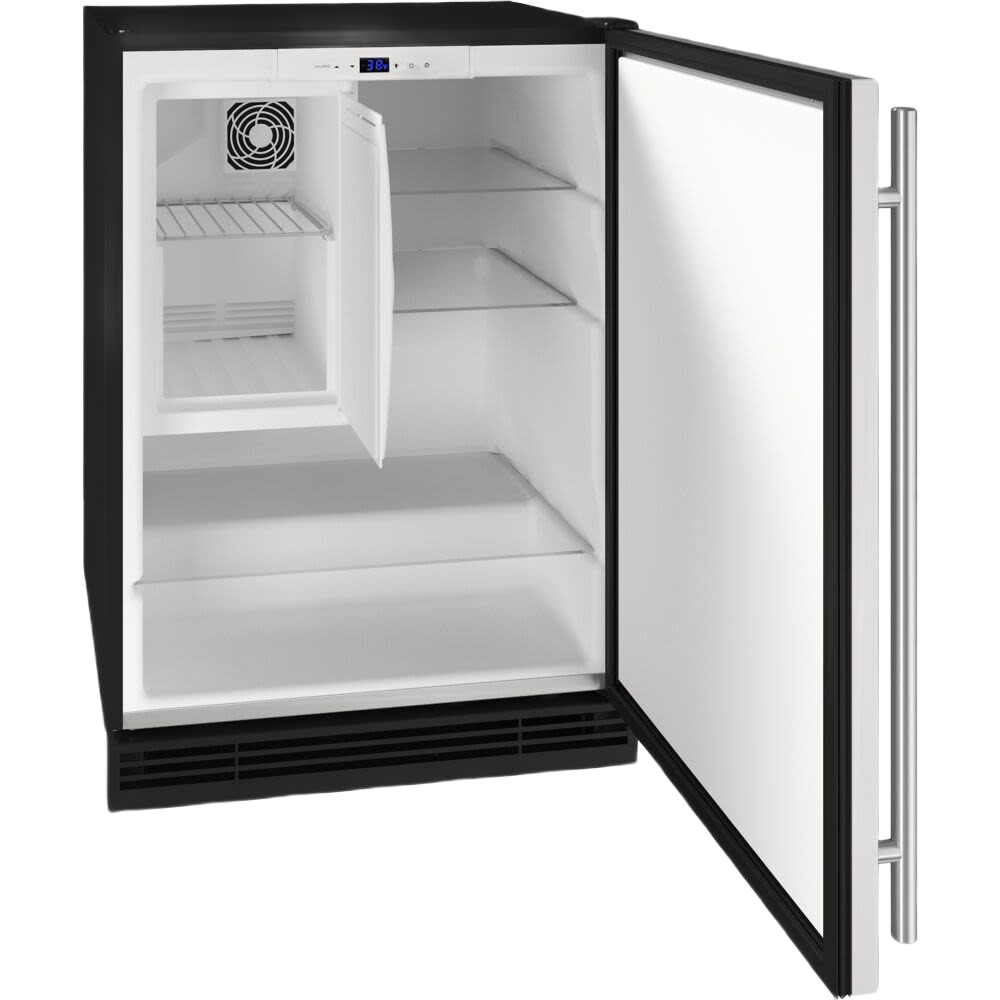 Compact black fridge and freezer combo with reversible door and adjustable glass shelves in kitchen appliances and refrigerators collections