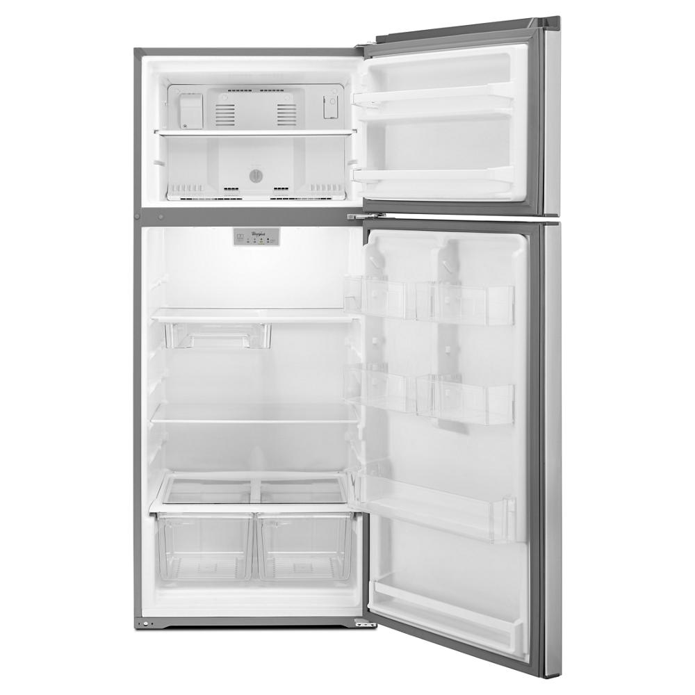 Open stainless steel top-freezer refrigerator with adjustable shelves and clear storage bins in door and crisper drawers.