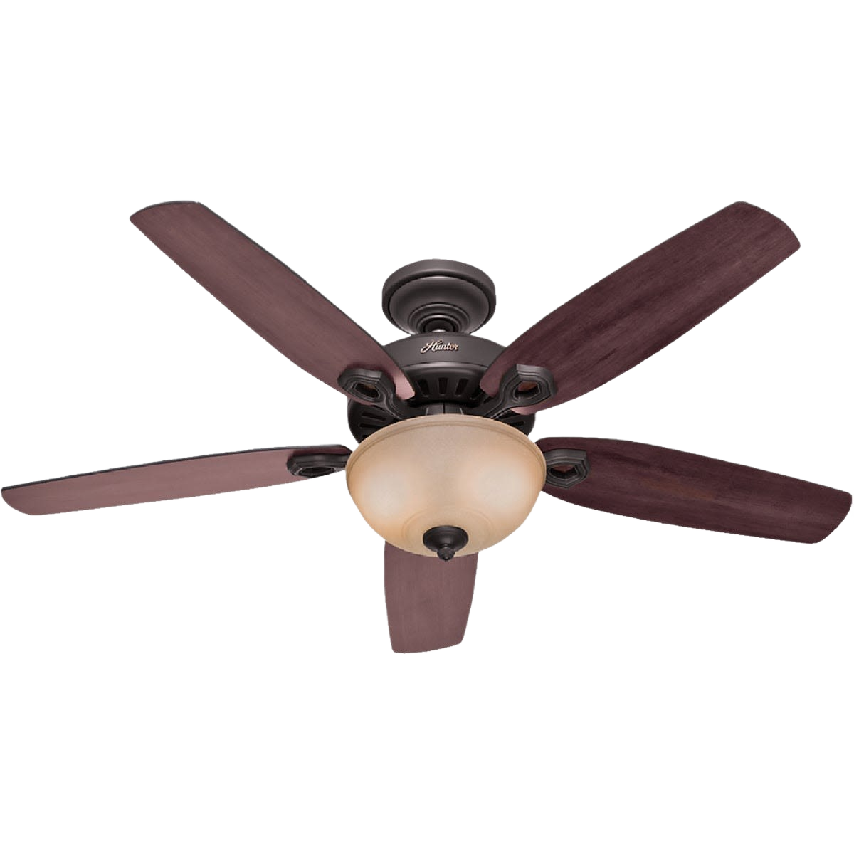 Bronze ceiling fan with five wooden blades and integrated light kit, suitable for indoor living spaces and home decor.