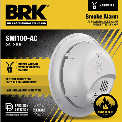 White hardwired ionization smoke alarm with battery backup and tamper-resistant mounting for home safety and improvement