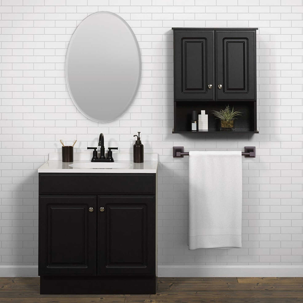 Espresso-finish wall cabinet with two doors and open shelf above black vanity in modern bathroom setting