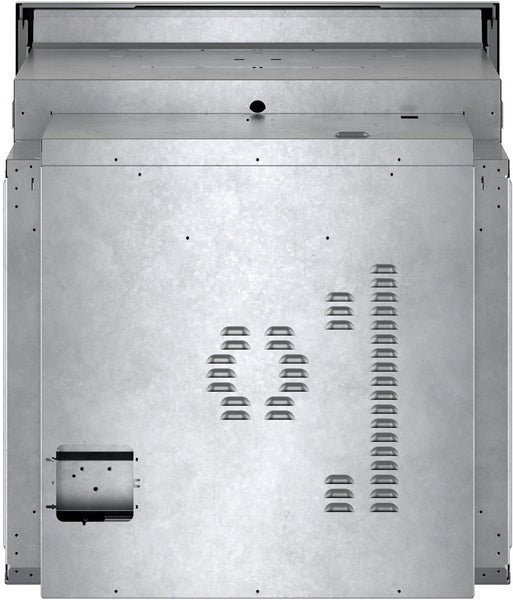 Metallic rear panel of a stainless steel single wall oven with ventilation slots and mounting points for kitchen installation