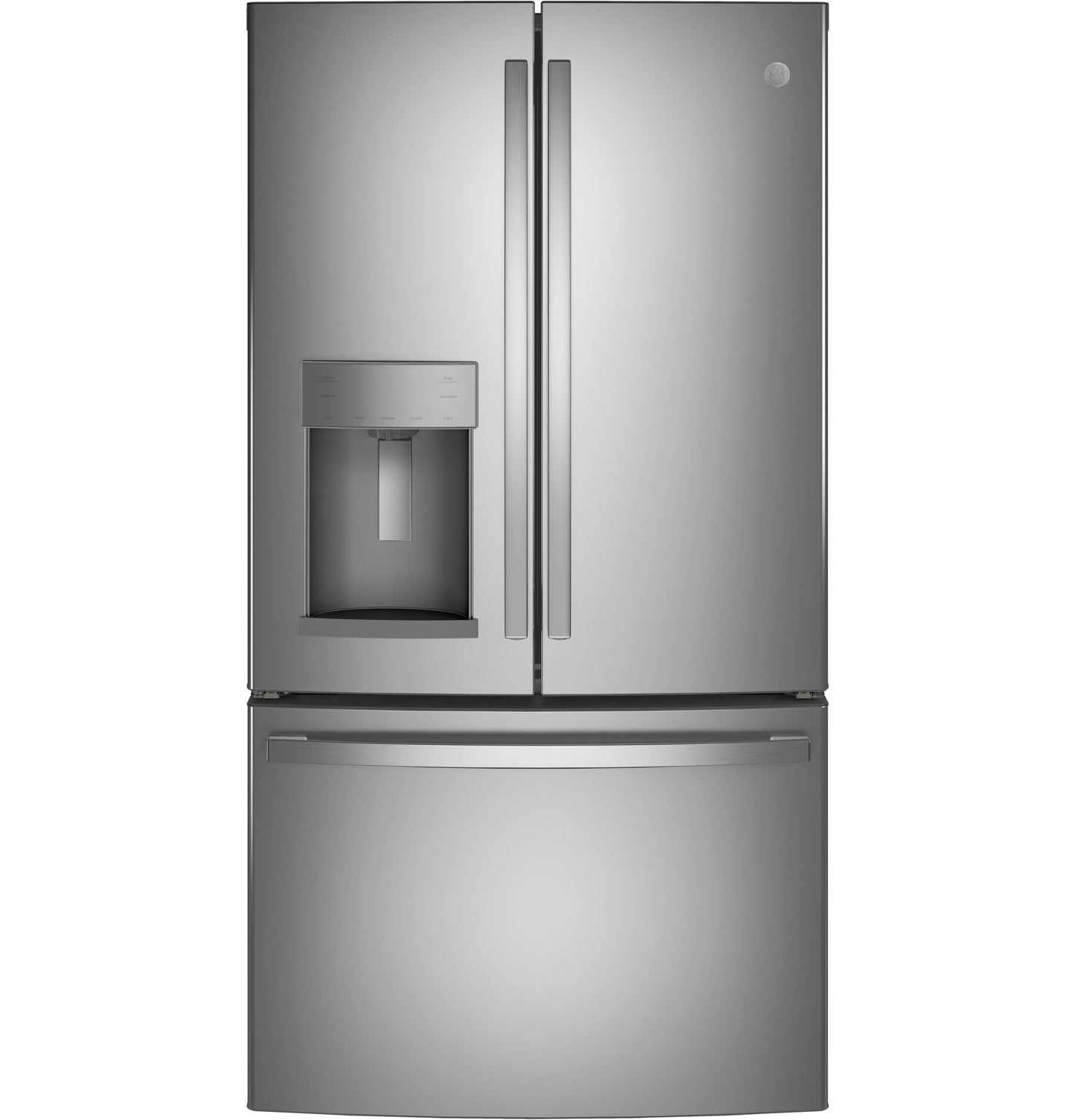 Fingerprint-resistant stainless steel French-door refrigerator with bottom freezer and external water dispenser in kitchen appliances collection