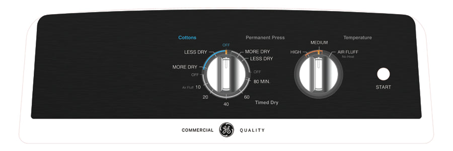Control panel close-up on GE gas dryer showing settings and start button in washers and dryers collection