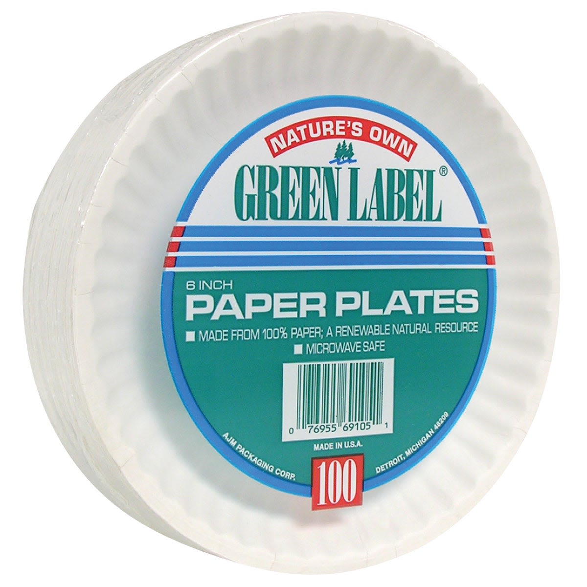 Stack of 100 white 6-inch paper plates made from renewable paper, microwave safe for kitchenware and home use under $50 collections