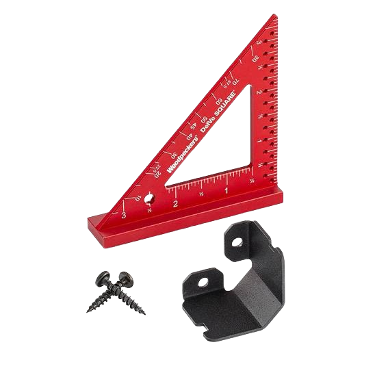 Red 3.5-inch woodworking square made from aircraft-grade aluminum with mounting bracket and screws in measuring tools collection