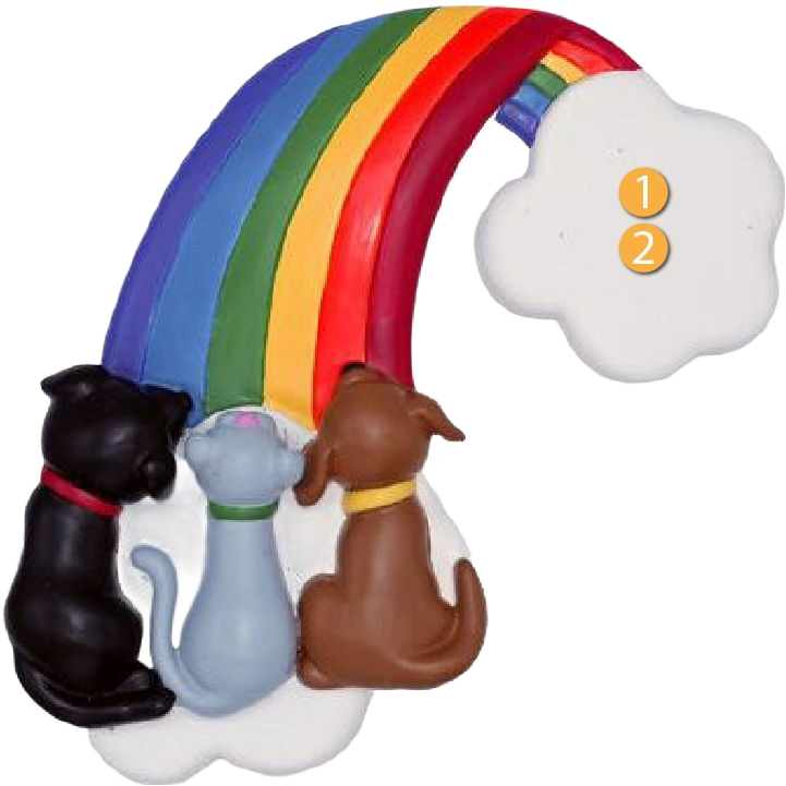 Personalized Christmas ornament featuring three dogs sitting on clouds beneath a colorful rainbow arch decoration
