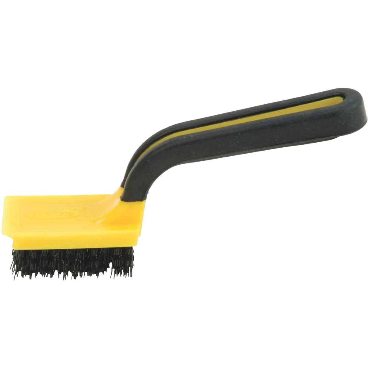 Flexible nylon bristle brush with black and yellow ergonomic handle for gentle cleaning in paint and home improvement tools collections