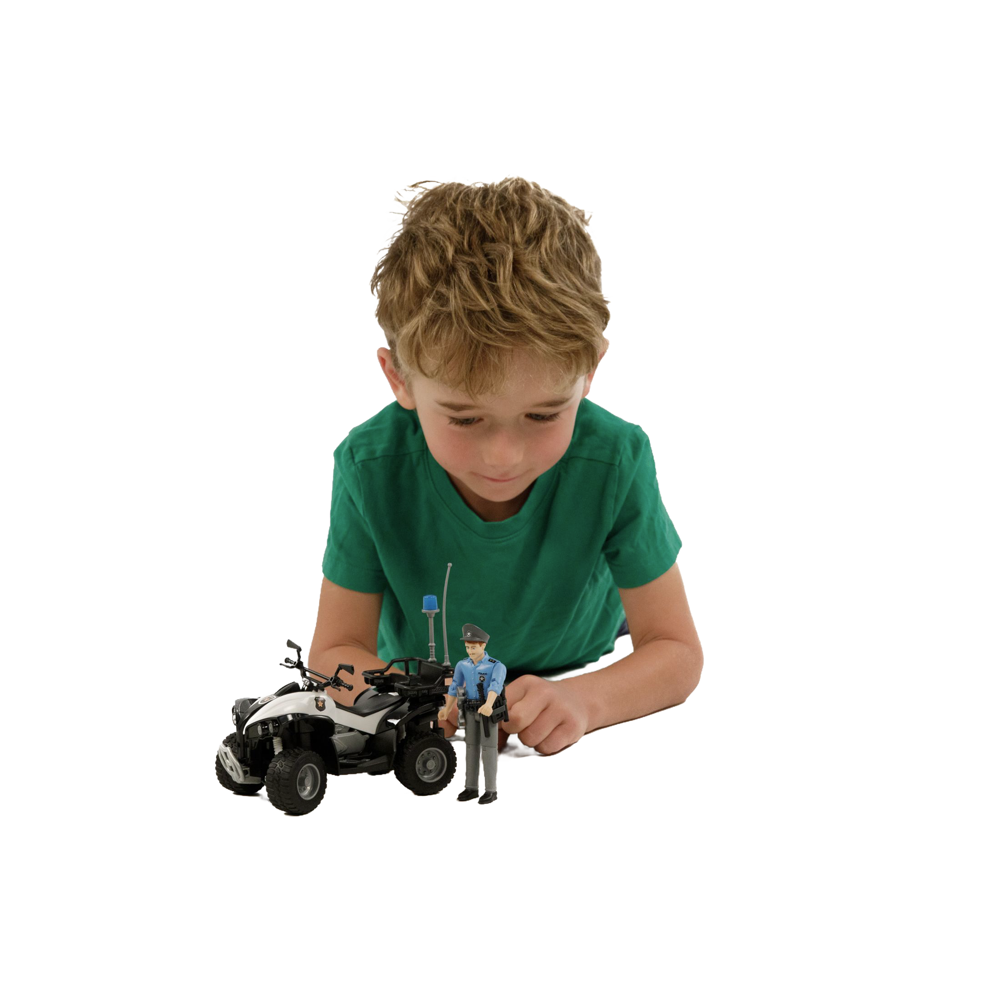 Child playing with black and white police quad and light skin policeman figure from Bruder Toys collection